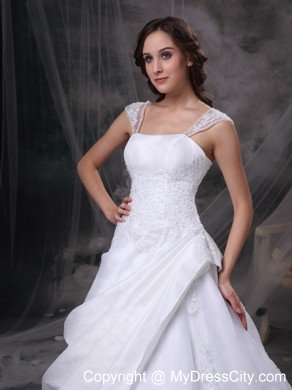 Square Train Satin and Organza Embriodery Decorated Wedding Dress